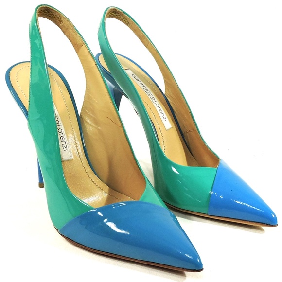 GIANMARCO LORENZI 🇮🇹 WOMEN'S BLUE & GREEN PATENT LEATHER FASHION SANDALS - Picture 6 of 10